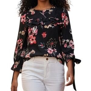 🆕 MAX Floral Ruffle Front Blouse Black Red Pink Grommet Tie Cuff Top NWOT Size 8